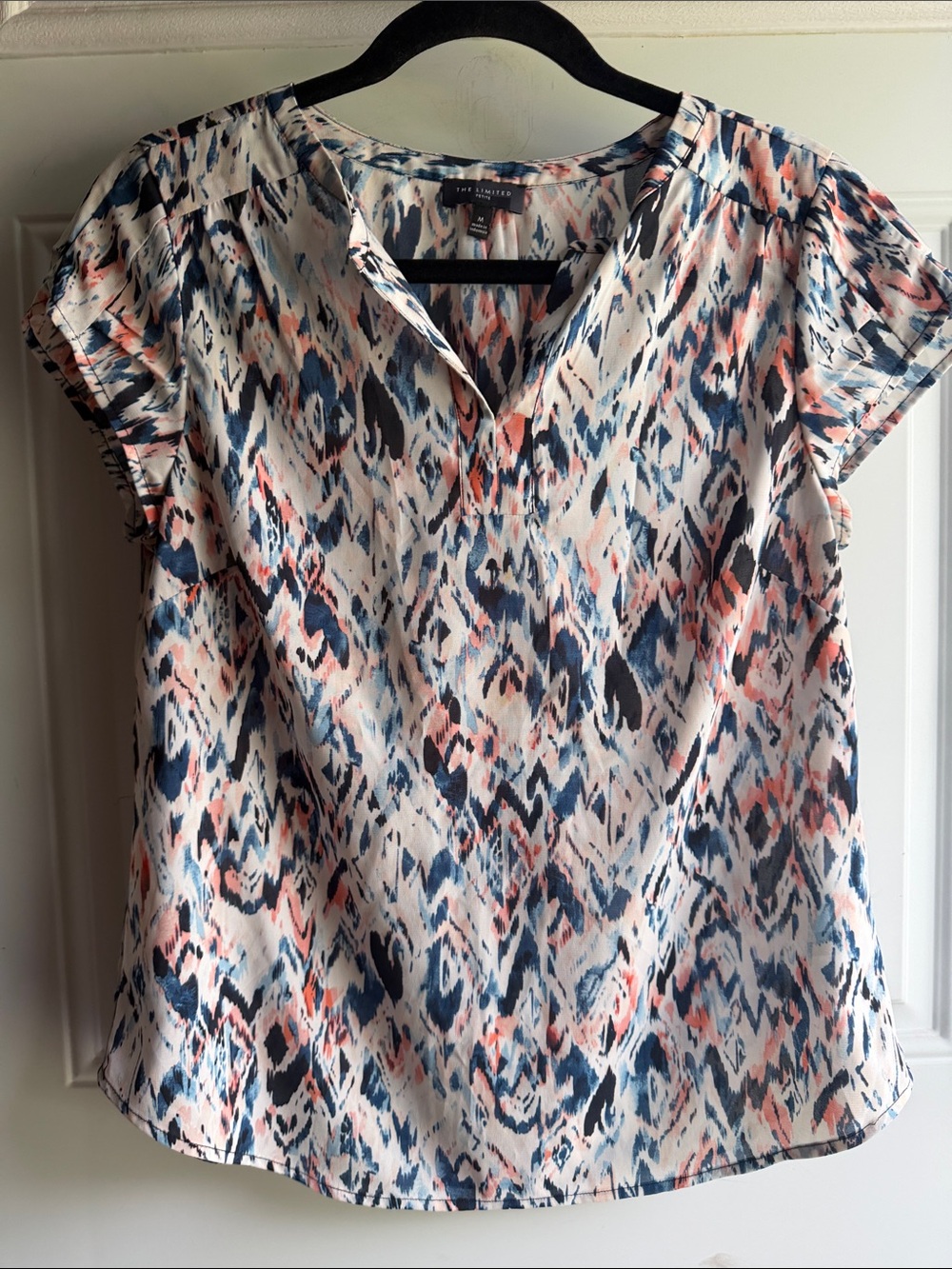 The Limited Short-Sleeve V-Neck Blouse in Navy, Coral and Cream, medium.